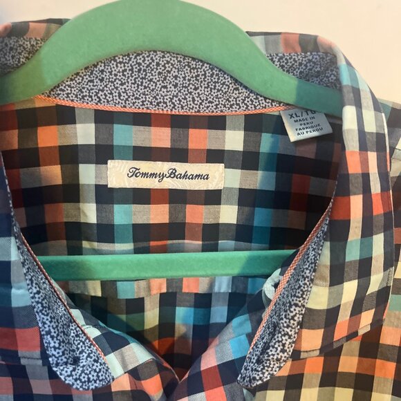 Tommy Bahama XL Long Sleeve Shirt Made in Peru Vibrant Checkered 100% Cotton - Picture 4 of 5